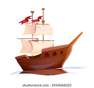 Old wooden ship. Ancient warship with white sails and flag, frigate, retro yacht or nautical vessel sailing on sea. Antique boat or galleon. Cartoon flat vector illustration isolated on background