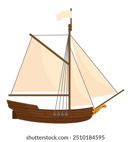 Velha nave de madeira. Cartoon veleiro isolado em fundo branco. Navio de guerra pirata da fragata do barco à vela, galeão. Ilustração vetorial