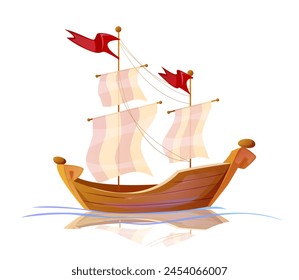 Old wooden ship. Historic nautical vessel, galleon or sailboat. Ancient frigate or warship sailing on ocean. Brigantine or schooner. Cartoon flat vector illustration isolated on white background