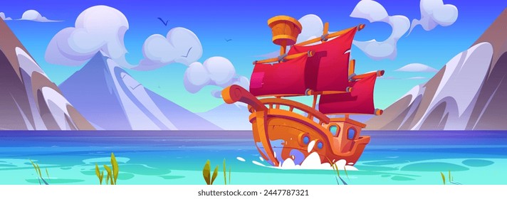 Old wooden ship with red sails floating in sea. Vector cartoon illustration of seascape scenery with vintage vessel sailing on water, rocky mountains with glacier, birds in blue sky, dream symbol