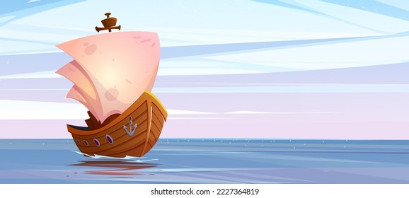 Viejo barco de madera navegando en el mar. Dibujo vectorial del barco de travesía con torre de mástil, velas blancas y ancla flotando sobre la superficie de agua de riego calmada bajo un cielo azul claro. Escena de juegos de viajes