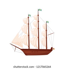 Old wooden ship. Sailing vessel. Marine transport. Sea and ocean theme. Flat vector element for historical book or postcard