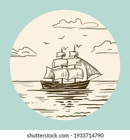 An old wooden ship sails on the sea. Hand drawn sketch. Vintage style. Brown vector illustration isolated on color background.