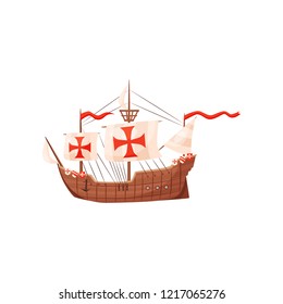 Old wooden ship with shields and sails with red crosses, symbol of Knights Templar. Medieval water transport. Flat vector icon
