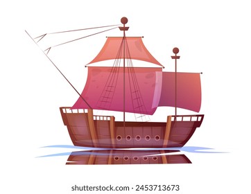 Old wooden ship. Traditional ancient boat with mast, deck and red sails. Antique pirate frigate and schooner sailing on ocean waves. Cartoon flat vector illustration isolated on white background