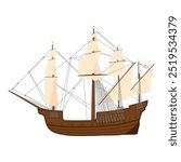 Old wooden ship vector icon. Adventure voyage. Water transport. Sailing ship, wind sail boat pirate frigate warship longboat, traditional ancient sailboat sea galleon.