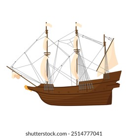 Old wooden ship vector icon. Adventure voyage. Water transport. Sailing ship, wind sail boat pirate frigate warship longboat, traditional ancient sailboat sea galleon.