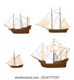 Old wooden ship vector icon set. Adventure voyage. Water transport. Sailing ship, wind sail boat pirate frigate warship longboat, traditional ancient sailboat sea galleon.