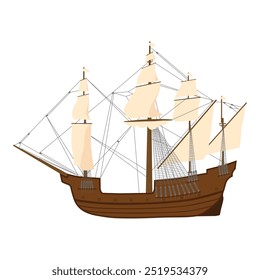 Old wooden ship vector icon. Adventure voyage. Water transport. Sailing ship, wind sail boat pirate frigate warship longboat, traditional ancient sailboat sea galleon.