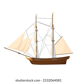 Old wooden ship vector icon. Adventure voyage. Water transport. Sailing ship, wind sail boat pirate frigate warship longboat, traditional ancient sailboat sea galleon.