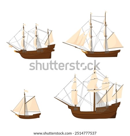 Old wooden ship vector icon set. Adventure voyage. Water transport. Sailing ship, wind sail boat pirate frigate warship longboat, traditional ancient sailboat sea galleon.