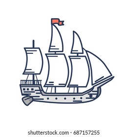 Old wooden ship with white sails and red flag isolated cartoon outline vector illustration. Big ancient vessel for long distance traveling.