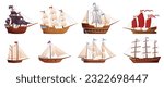 Old wooden ships. Cartoon sailing ship, wind sail boat pirate frigate warship longboat simple schooner nave, traditional ancient sailboat sea galleon, ingenious vector illustration of boat or old ship