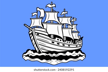 Old wooden ships. Cartoon sailing ship, wind sail boat pirate frigate warship longboat, traditional ancient sailboat sea galleon, vector illustration of boat or old ship