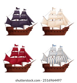 Velhos navios de madeira. Cartoon veleiro, vela escarlate barco de vela vento navio de guerra pirata fragata barco longboat escuna, tradicional veleiro antigo galeão mar vetor ilustração de barco ou navio velho.