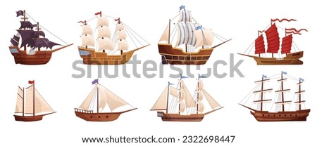 Old wooden ships. Cartoon sailing ship, wind sail boat pirate frigate warship longboat simple schooner nave, traditional ancient sailboat sea galleon, ingenious vector illustration of boat or old ship Imagine de stoc © 