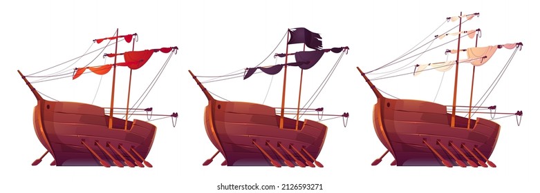 Old wooden ships with paddles, masts and folded sails. Vector cartoon set of ancient galleon, caravel, sailboats with black, white and red sails. Rowboats isolated on white background