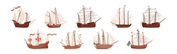 Old Wooden Ships With Sails And Fluttering Flags Vector Set