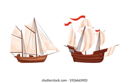 Old Wooden Ships with Sails and Fluttering Flags Vector Set