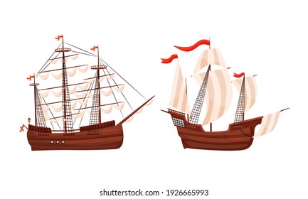 Old Wooden Ships with Sails and Fluttering Flags Vector Set