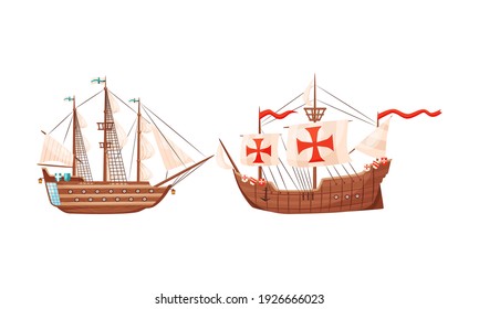 Old Wooden Ships with Sails and Fluttering Flags Vector Set