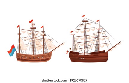 Old Wooden Ships with Sails and Fluttering Flags Vector Set