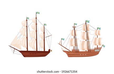 Old Wooden Ships with Sails and Fluttering Flags Vector Set