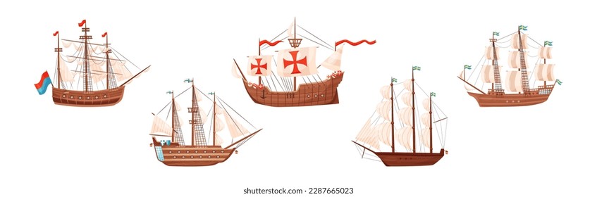 Old Wooden Ships with Sails and Fluttering Flags Vector Set