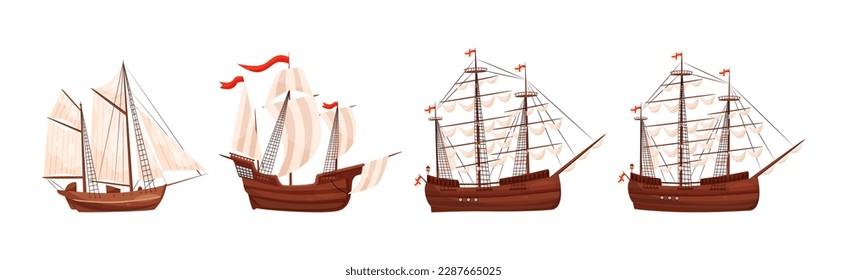 Old Wooden Ships with Sails and Fluttering Flags Vector Set