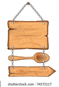 The old wooden sign with a spoon. weighs on the chains vector