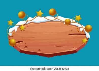 Old wooden signboard with snow and gold stars, balls in cartoon style.Empty frame, direction plank isolated on white background. Season decoration. Vector illustration