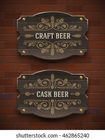 Old wooden signboards with craft beer flourish emblem - vector illustration