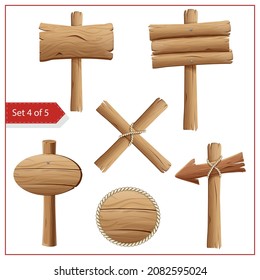 Old wooden signboards and signposts isolated on white background. Rustic boards and pointers vector illustration in cartoon style. Billboard, guidepost and arrow with ragged edges fastened with rope.