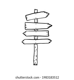 Old wooden signpost icon. Black contour linear sketch silhouette. Front vertical view. Vector simple flat graphic hand drawn illustration. The isolated object on a white background. Isolate.
