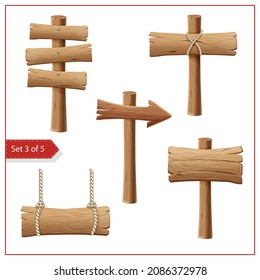 Old wooden signposts, signboards isolated on white background. Rustic boards and pointers vector illustration in cartoon style. Billboard, guidepost and arrow with ragged edges clipart for design.