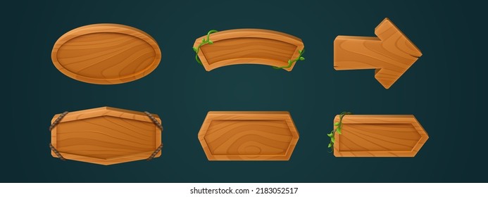 Old wooden signs and banners vector illustration set. Cartoon template indicators of direction and destination. Collection of ancient textured rustic signboards. Adventure game pointer design elements