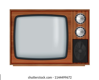 Old wooden television.Vector retro television mock up with transparent glass screen isolate on white background.