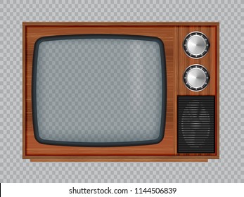 Old wooden television.Vector retro television mock up isolate on transparent background.