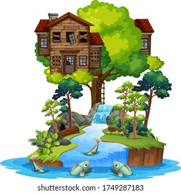 Old wooden tree house on island illustration