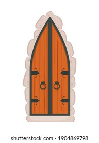 Old wooden triangular doors with stone cladding. Cartoon style. Vector illustration.
