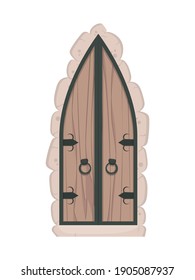 Old wooden triangular doors with stone cladding. Cartoon style. Vector 
