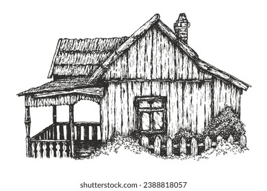 Old wooden village house in hand drawn sketch style. Vintage art composition. Ancient traditional home isolated on white background. Vector retro illustration.