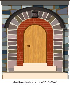 Old wooden vintage door with stone arch isolated. vector illustration
