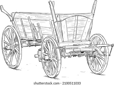 Old wooden wagon, vector drawing or illustration.