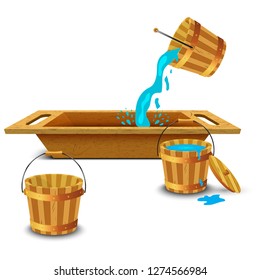 The old wooden washtub for bathing and washing. Wooden bath tub and wooden bucket with clean drinking water. Vector illustration isolated on white background. 