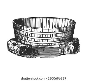 Old wooden washtub. Hand drawn ink illustration. Black and white ink sketch outline vector. 