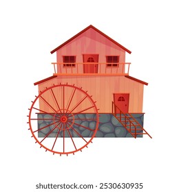 Old wooden water mill building with wheel and stone foundation vector illustration