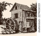 An old wooden water mill with a wheel and blades near a forest river. Rough freehand sketch on a beige background.
