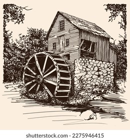 An old wooden water mill with a wheel and blades near a forest river. Rough freehand sketch on a beige background.