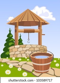 Old wooden well and bucket of water